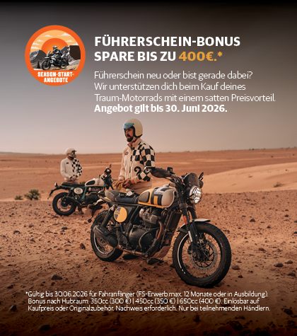 Führerschein-Bonus: bis zu 400 Euro Preisvorteil beim Kauf eines Royal-Enfield-Motorrads, gültig bis 30. Juni 2026