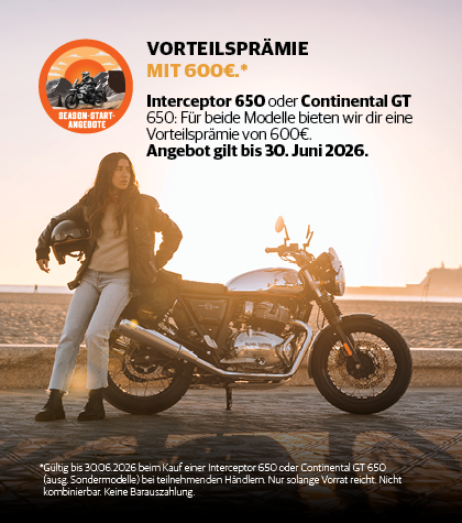 Vorteilsprämie von 600 Euro für Royal Enfield Interceptor 650 und Continental GT 650, gültig bis 30. Juni 2026