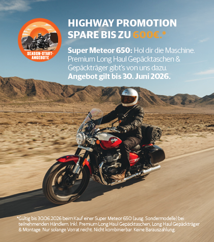 Highway Promotion: bis zu 600 Euro sparen bei der Royal Enfield Super Meteor 650 inklusive Gepäcksystem, gültig bis 30. Juni 2026