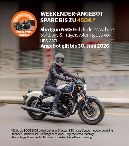Weekender-Angebot: bis zu 450 Euro sparen bei der Royal Enfield Shotgun 650 inklusive Softbags und Trägersystem, gültig bis 30. Juni 2026